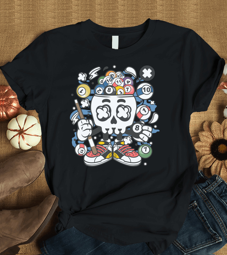 Billiard Skull with Pool Balls and Cue Stick T-Shirt