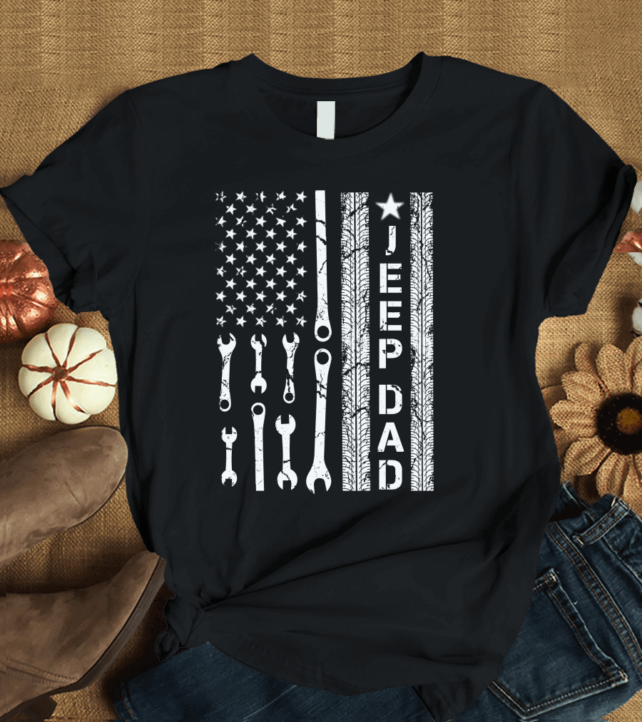 Jeep Dad American Flag Wrenches and Tire Tracks T-Shirt