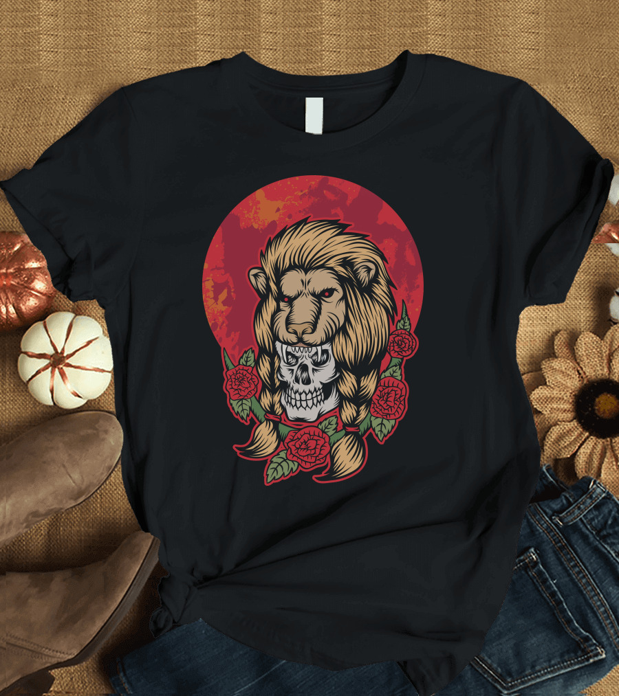 Lion Skull Red Sun Roses T-Shirt