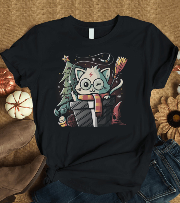 T-Shirt: Meowgical Cat Wizard Christmas Tree with Broom and Scar T-Shirt Meowgical Cat Wizard Christmas Tree with Broom and Scar T-Shirt