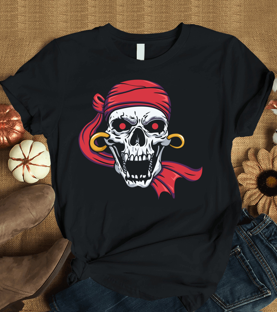 Pirates Skull with Red Bandana and Gold Hoop Earrings T-Shirt