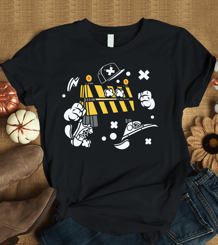 Road Barrier Animated Character with Hat and Sneakers T-Shirt