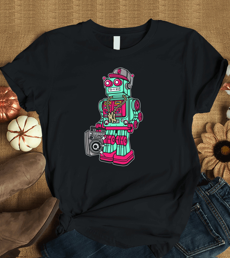 Robot Boombox Hip Hop NY Cap and Gold Chain T-Shirt