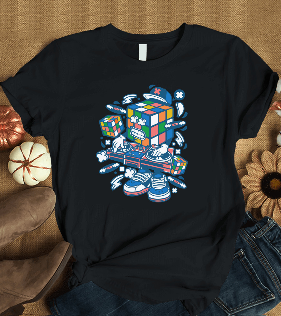 Rubix Cube DJ with Turntable and Sneakers T-Shirt