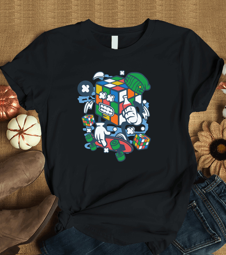Rubix Cube Skater with Beanie and Skateboard T-Shirt