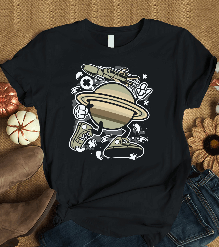 Saturn Rocket Space Adventure with Sneakers and Peace Sign T-Shirt