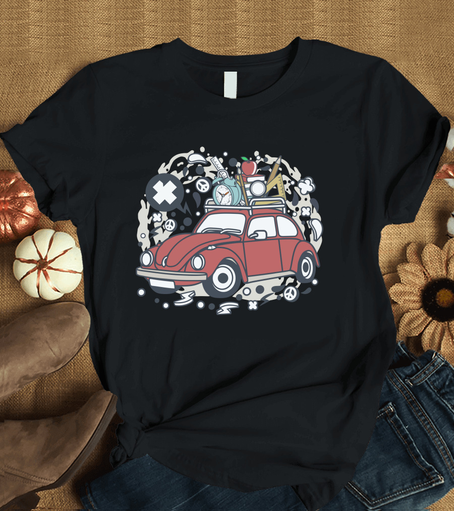 Red Car Adventure with School Supplies and Alarm Clock T-Shirt