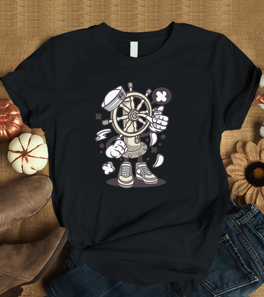 Ships Wheel Nautical Captain Cartoon Sneakers T-Shirt