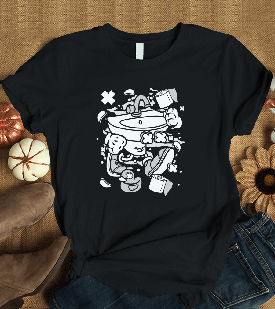 Sink Cartoon Character with Sneakers and Toilet Paper T-Shirt