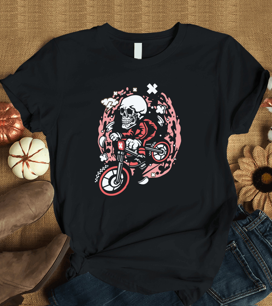 Skull Motocross Rider with Red Gear and Energetic Burst T-Shirt