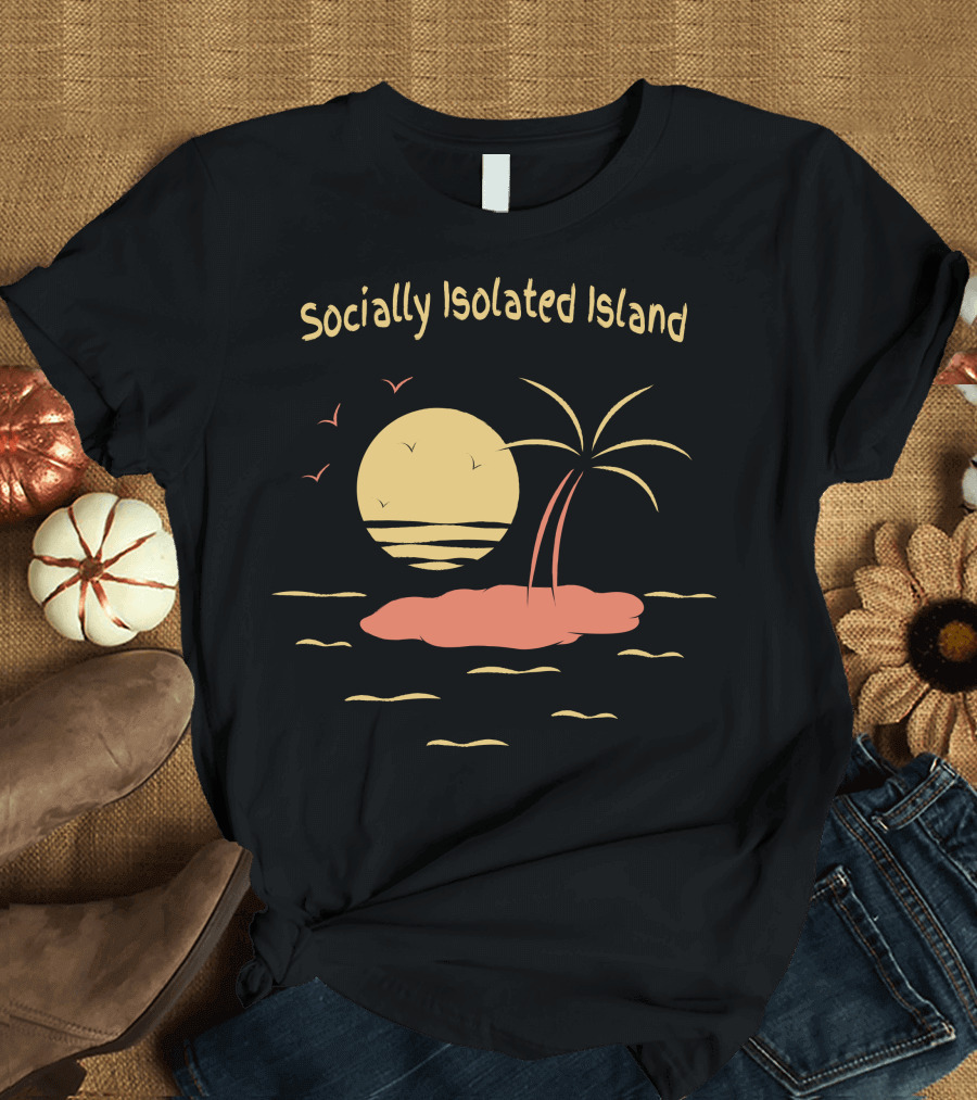 Socially Isolated Island Sunset with Palm Trees and Birds T-Shirt