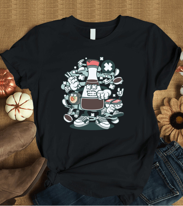 T-Shirt: Soy Sauce Cartoon Character with Sneakers and Sushi Elements T-Shirt Soy Sauce Cartoon Character with Sneakers and Sushi Elements T-Shirt