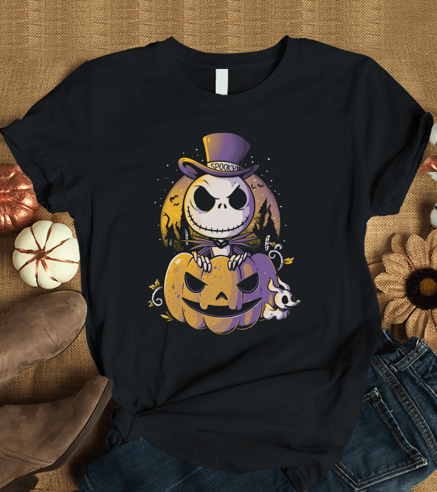Spooky Magic Skeleton with Pumpkin and Top Hat T-Shirt