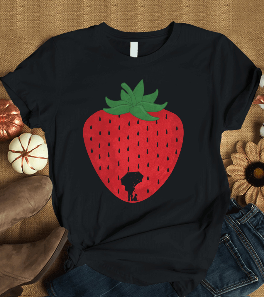 Strawberry Rain Silhouette Under Umbrella with Cat and Raindrops T-Shirt