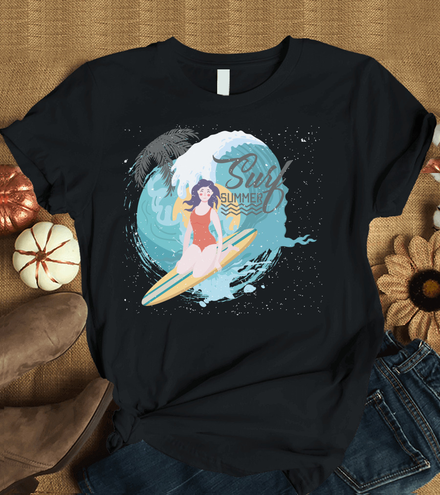 Surf Summer Ocean Wave and Palm Surfing 메탈릭 T-Shirt