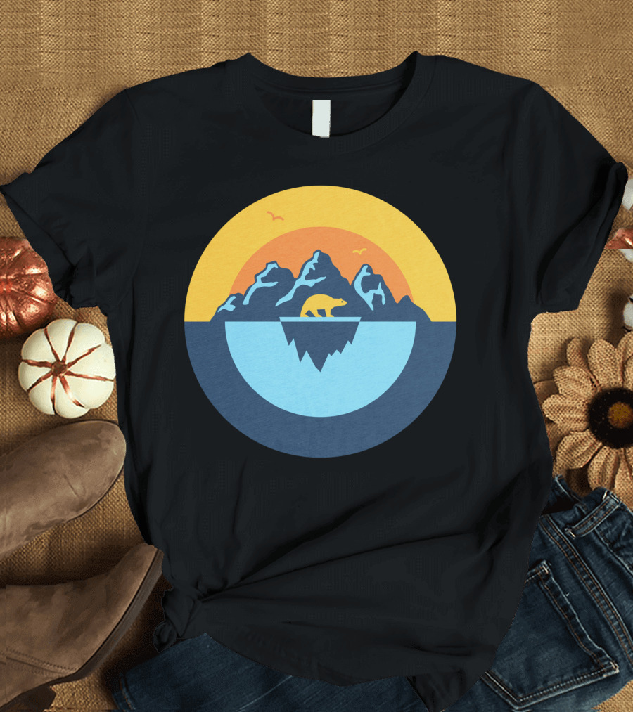 Polar Bear on Melting Iceberg Against Mountain Sunset Circle T-Shirt