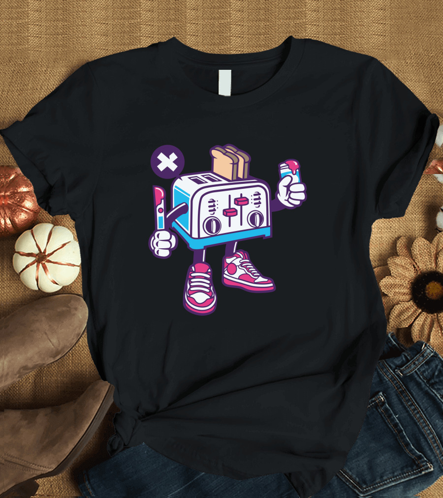 Toaster X Mark Cartoon with Sneakers and Toast T-Shirt