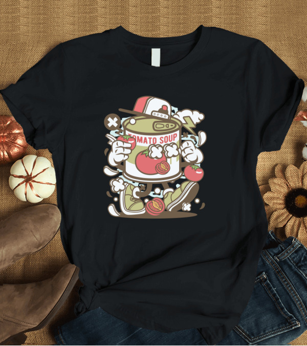 T-Shirt: Tomato Soup Can Cartoon with Sneakers and Baseball Cap T-Shirt Tomato Soup Can Cartoon with Sneakers and Baseball Cap T-Shirt