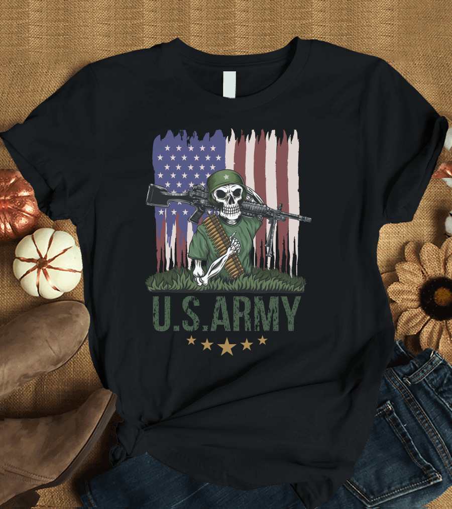 U.S. Army Skull Soldier with Rifle and American Flag Background T-Shirt