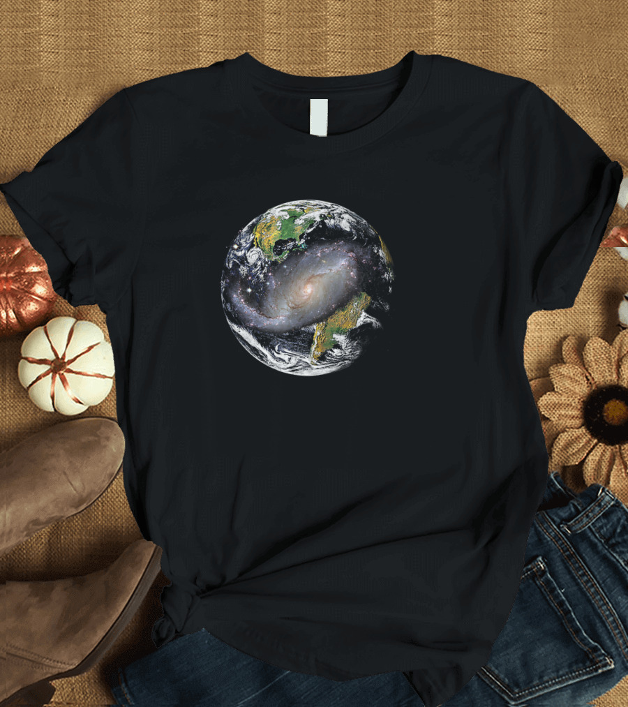Milky Way Galaxy Superimposed on Earth Planetary Fusion T-Shirt