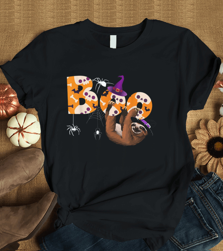 Boo Halloween Sloth Witch Hat Spider Bat Skull Bones T-Shirt