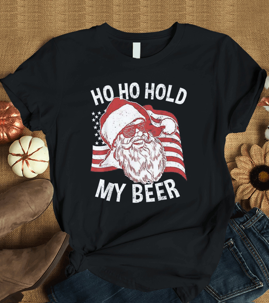 Ho Ho Hold My Beer Santa with Patriotic American Flag Christmas in July T-Shirt