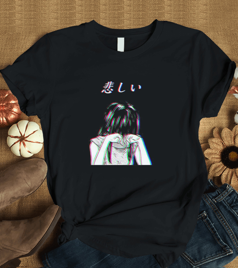 Vaporwave Anime Aesthetic Sad Boy Sad Girl Kanashii Japanese Text 3D Effect T-Shirt
