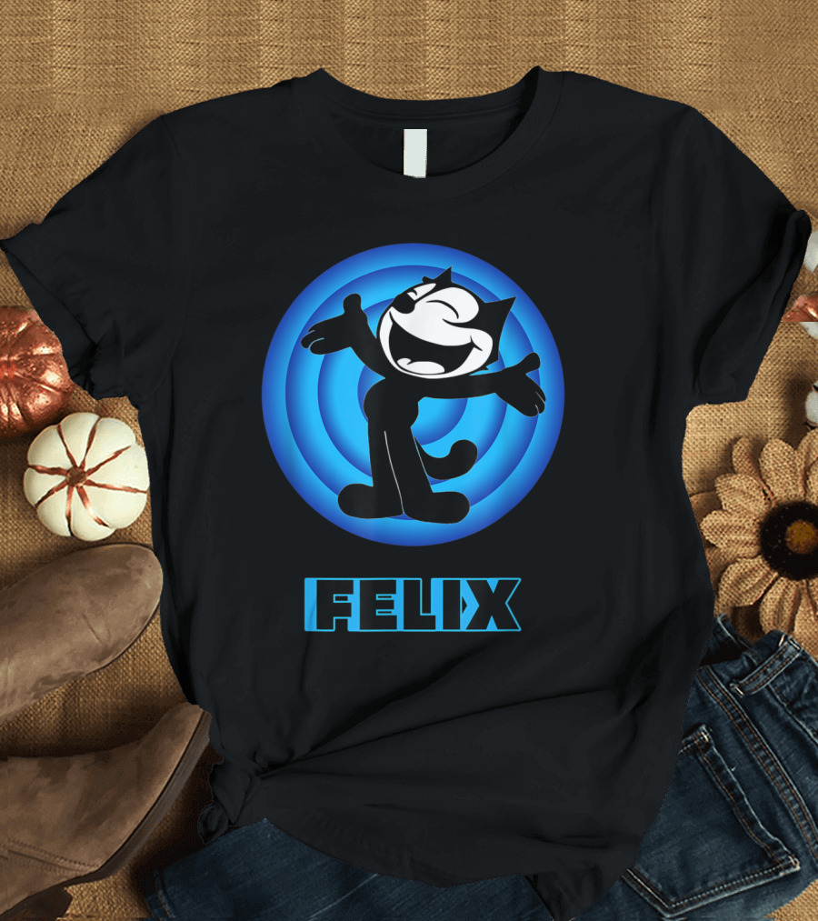 Felix the Cartoon Cat Joyful Pose with Blue Circle Background T-Shirt