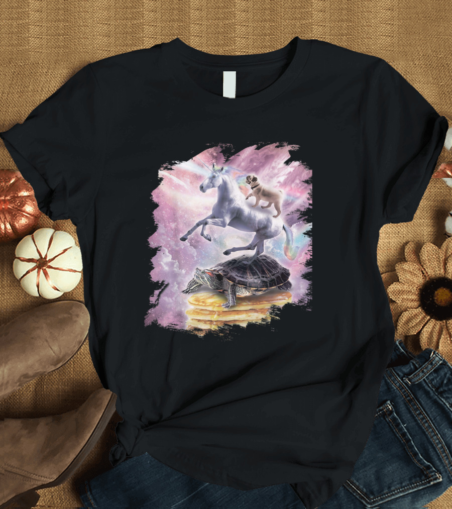 Unicorn Pug Riding Turtle Over Pancakes in Space with Laser Effects T-Shirt