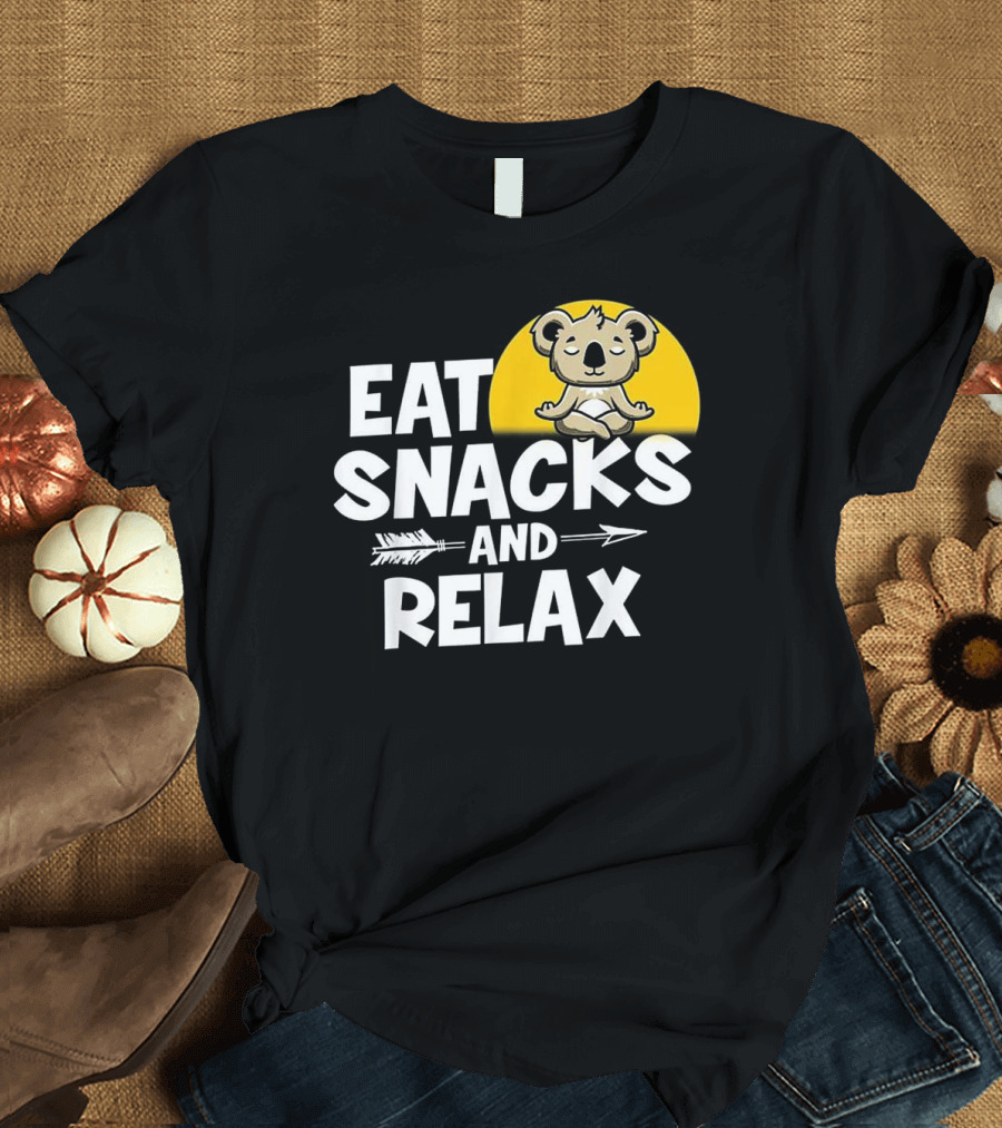 Eat Snacks and Relax Funny Koala Meditation Design with Yellow Background T-Shirt