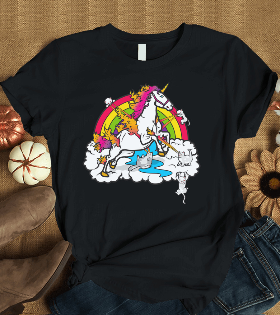 Cats Battling Unicorn on Rainbow Cloud Showdown T-Shirt