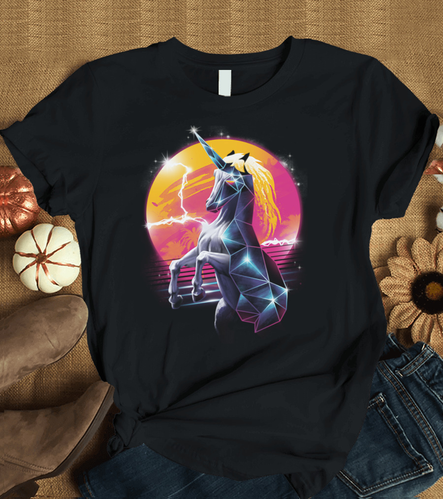 Retro Synthwave Geometric Unicorn with Neon Sunburst and Lightning T-Shirt