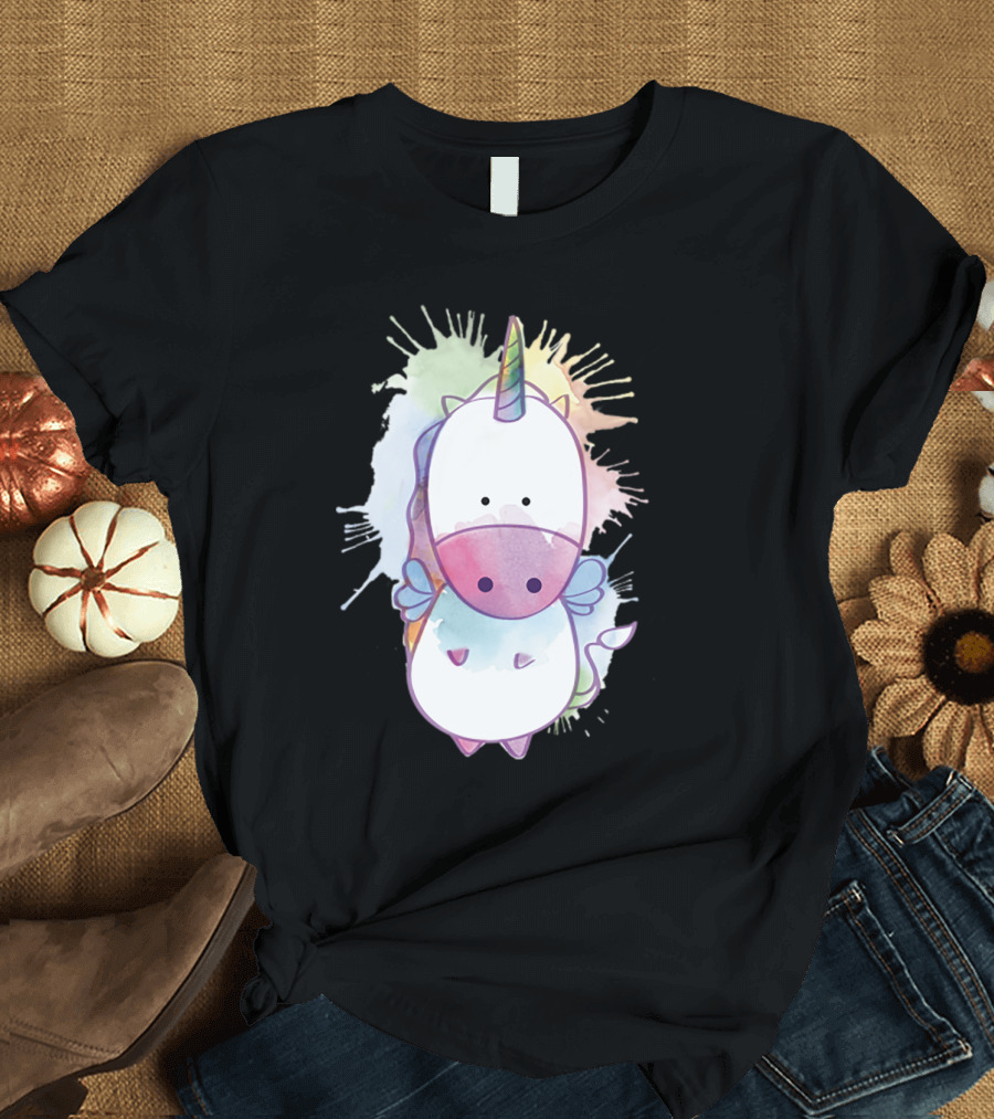 Whimsical Watercolor Pastel Unicorn with Colorful Splash Background T-Shirt