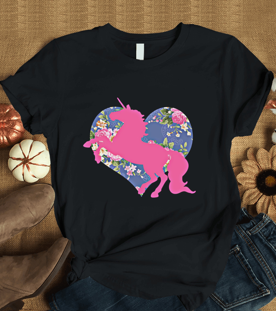 Pink Unicorn with Floral Heart Background T-Shirt
