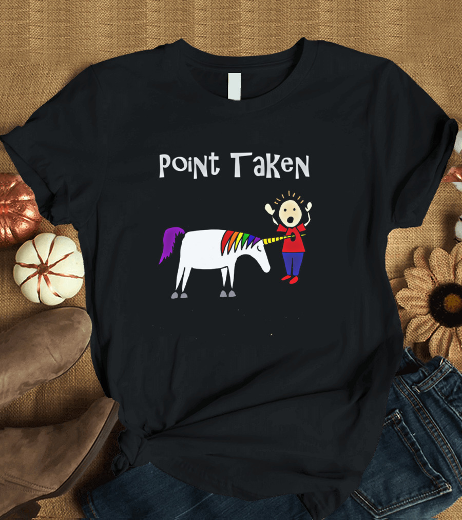 Point Taken Unicorn with Rainbow Horn Striking Stick Figure T-Shirt