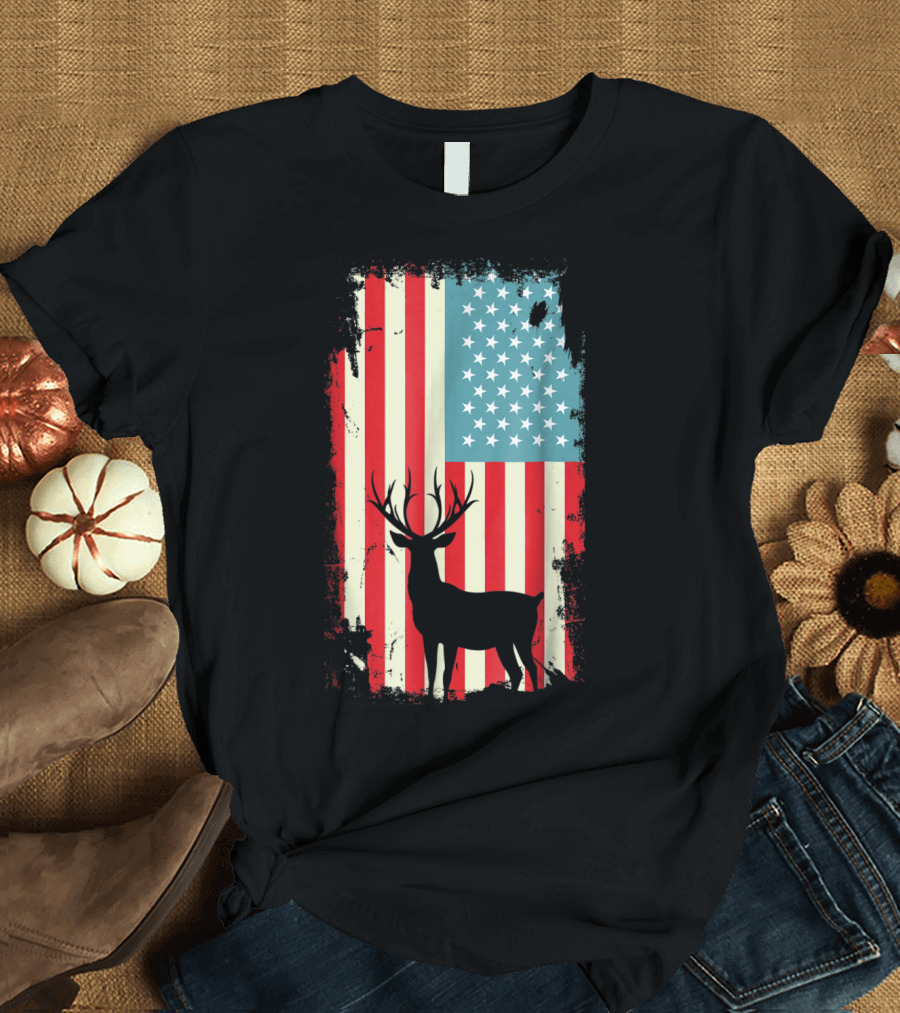 American Flag Deer Silhouette Hunter Patriotic Wildlife T-Shirt