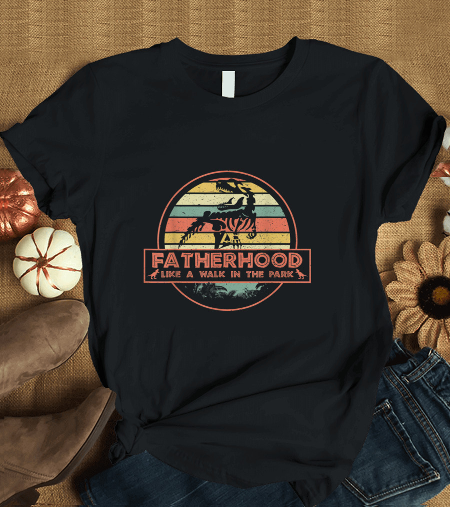 Fatherhood Like A Walk In The Park Retro Dinosaur Skeleton Stripes T-Shirt