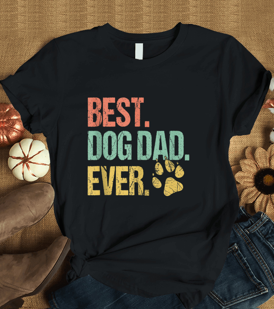 Vintage Best Dog Dad Ever Fathers Day From Wife with Colorful Paw Prints T-Shirt