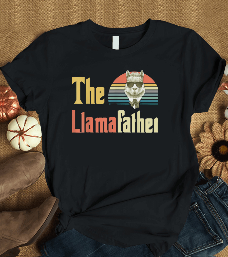 The Llamafather Retro Sunset Design with Sunglasses Llama T-Shirt