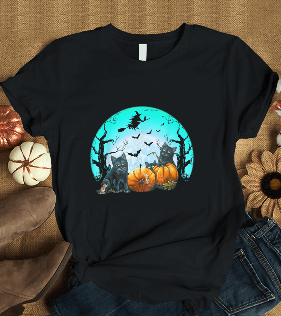 Halloween Black Cats with Pumpkins Witch and Bats Silhouette in Moonlit Night T-Shirt