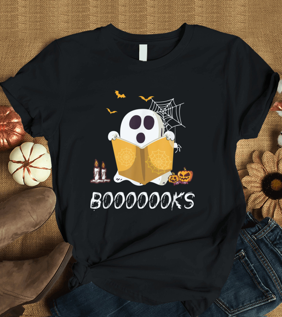 Booooooks Funny Boo Ghost Reading with Pumpkins Bats and Spider Webs T-Shirt