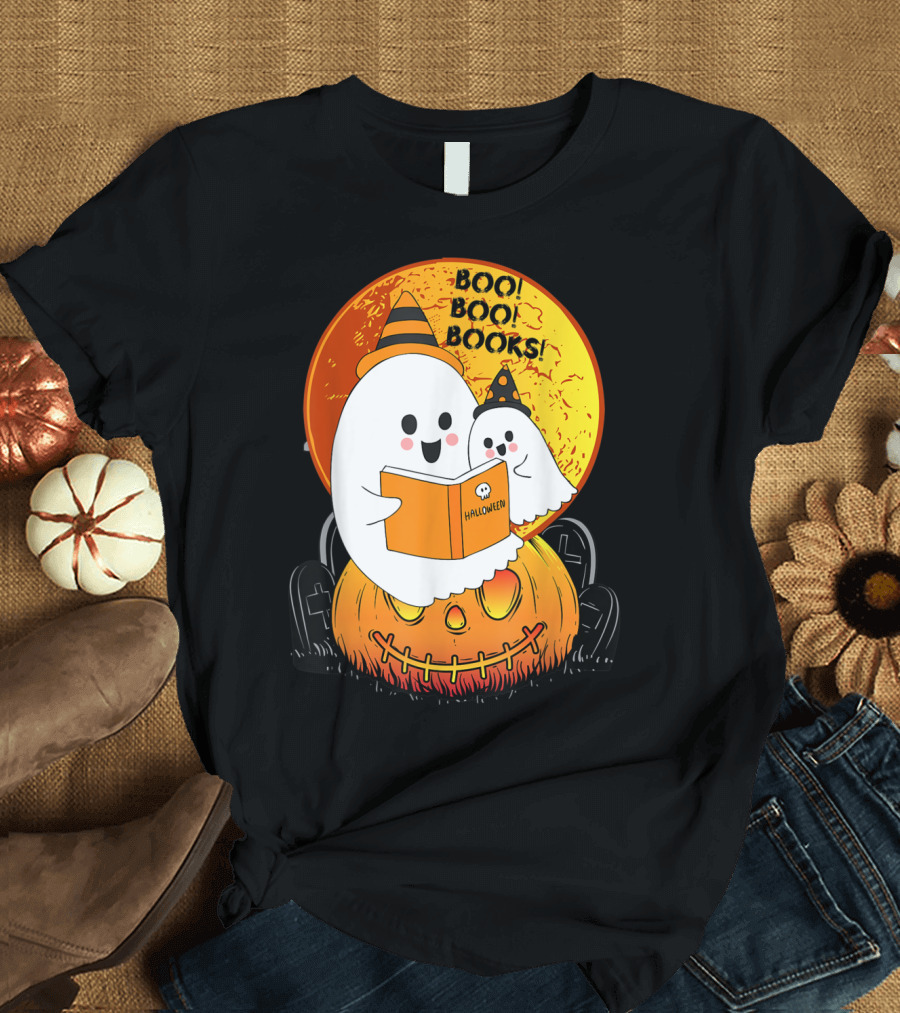 Booooooks Boo Boo Books Halloween Ghost Reading Pumpkin T-Shirt