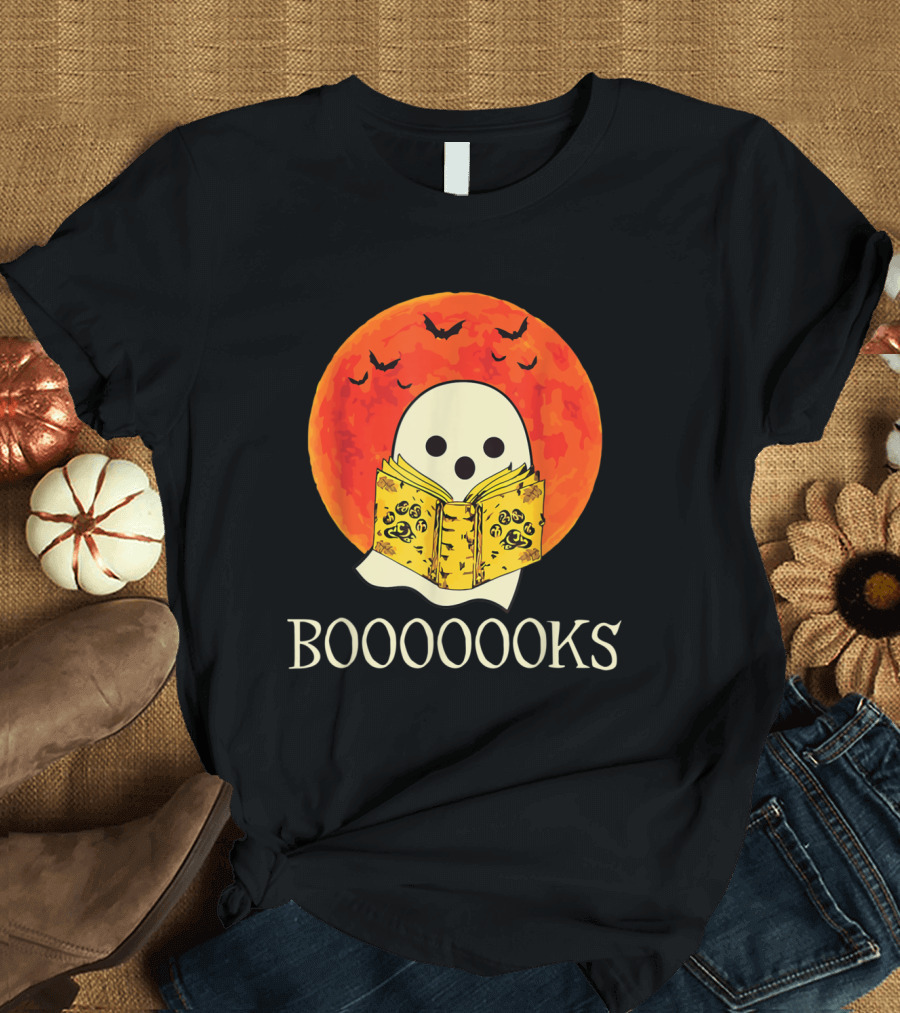 Spooky Booooooks Ghost Reading under Orange Full Moon with Bats T-Shirt