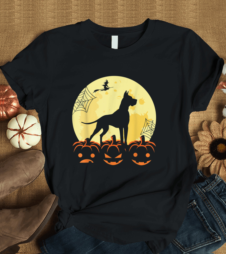 Great Dane Silhouette with Halloween Witch and Pumpkins Under Full Moon T-Shirt