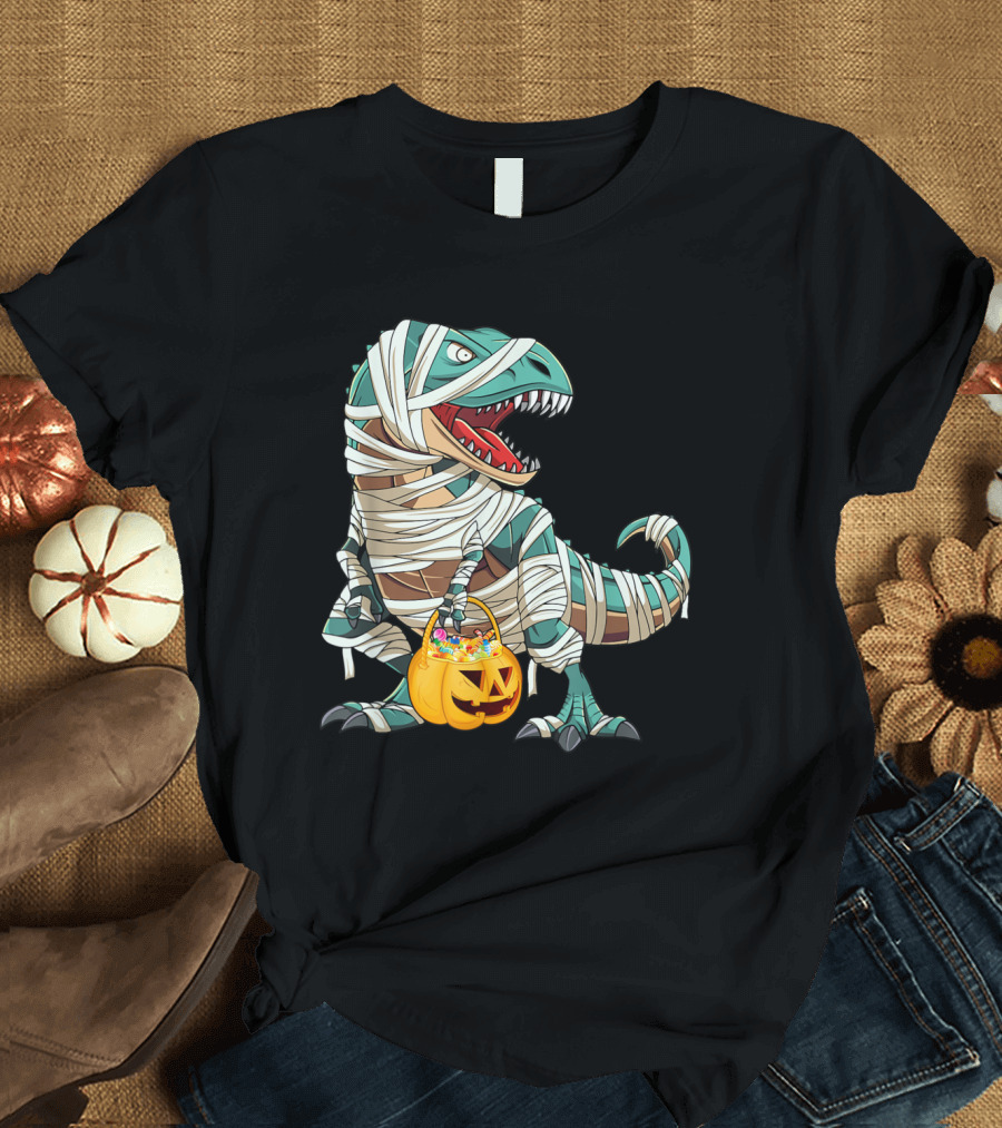 T-Rex Mummy Wrapped with Jack-o'-Lantern and Candy T-Shirt