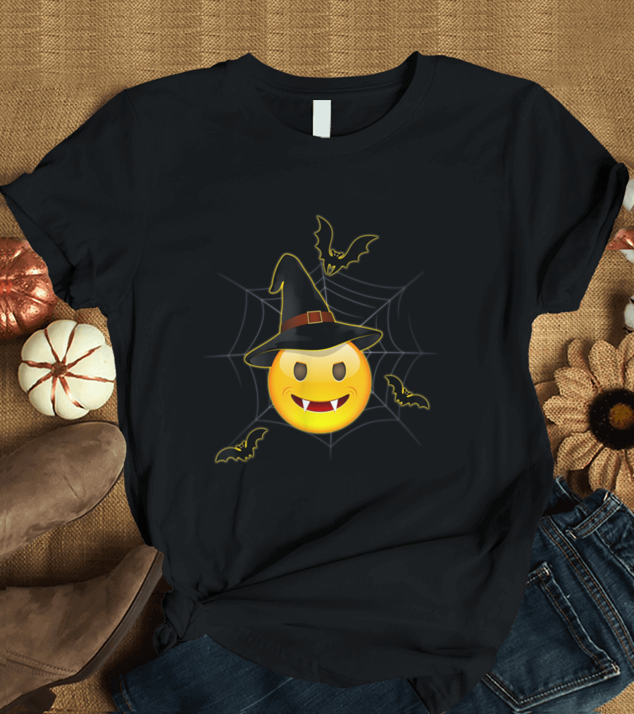 Halloween Emoji Witch Slightly Smiling Face Vampire Bats Spider Web T-Shirt
