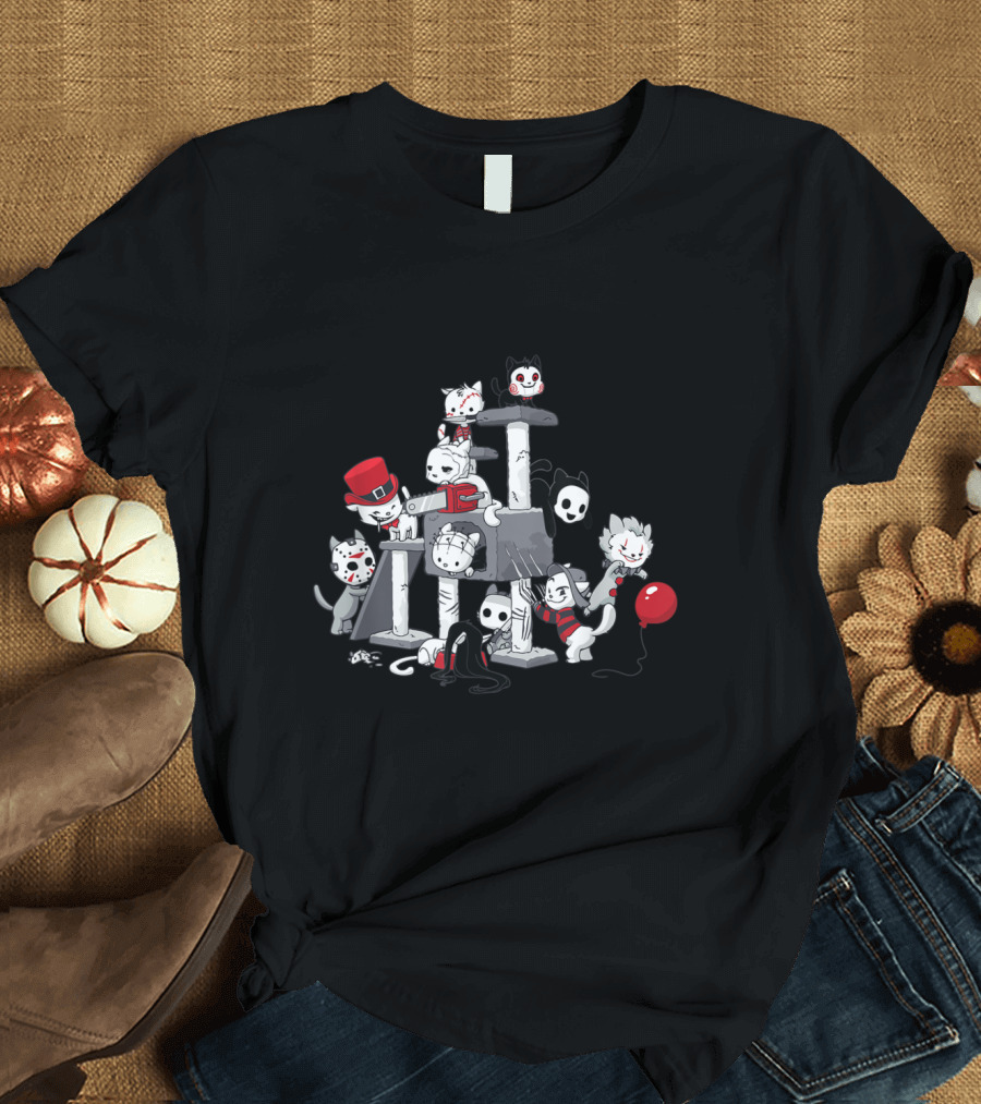 Horror Movie Cat Parody with Iconic Characters and Playful Twist T-Shirt