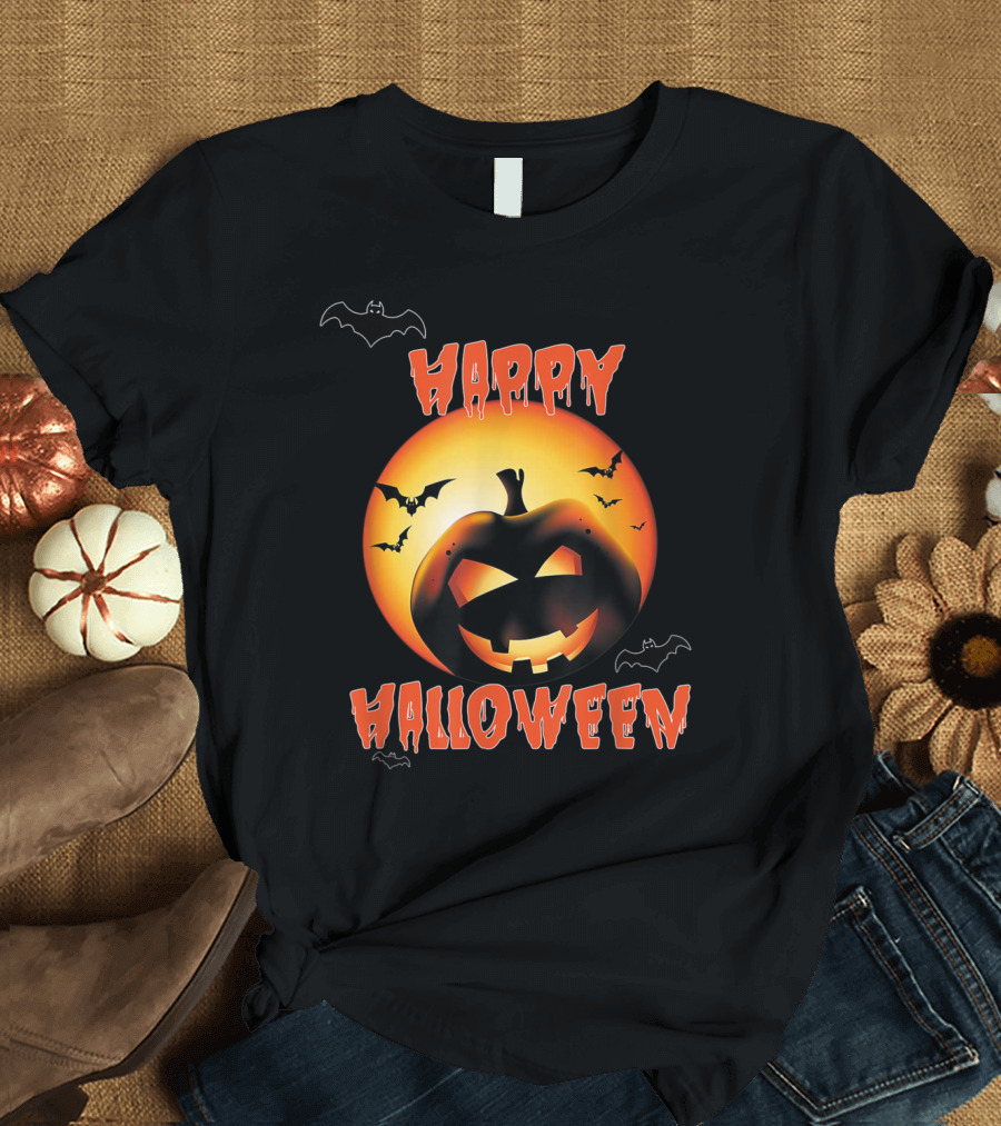 Happy Halloween Pumpkin with Bats and Glowing Jack-o'-Lantern T-Shirt
