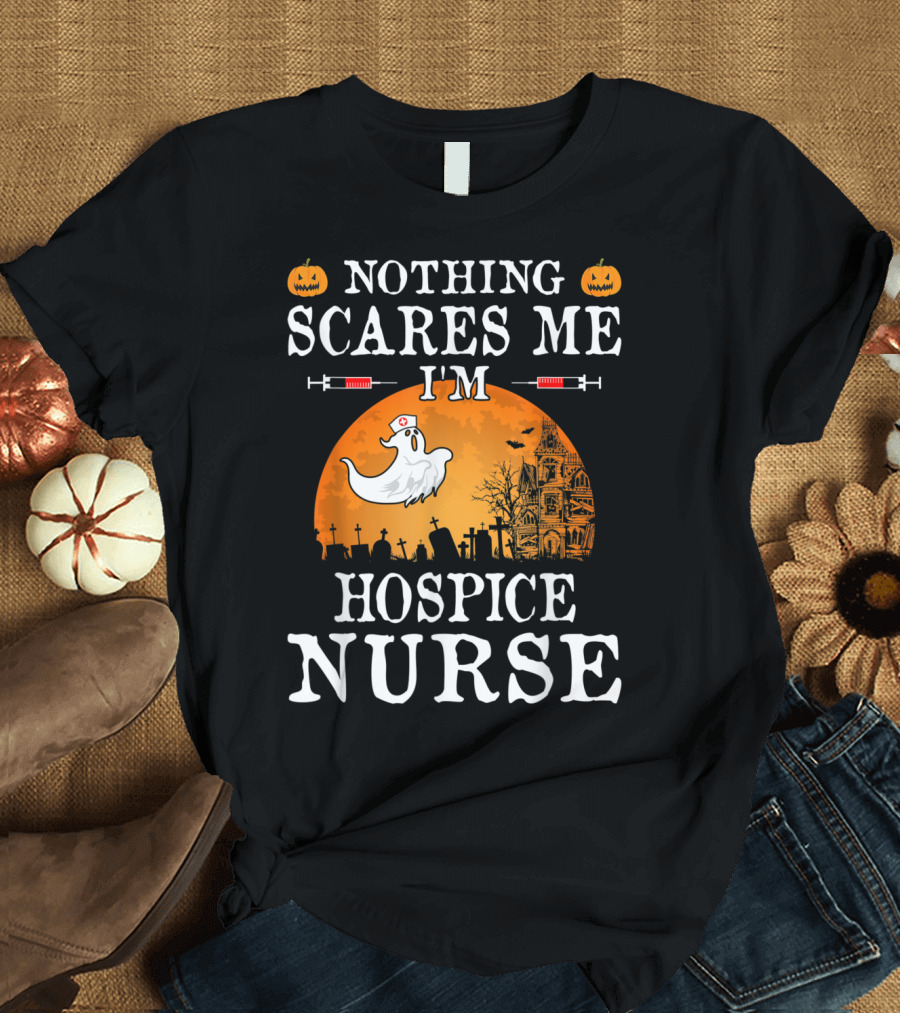 Halloween-Themed Hospice Nurse Humor with Pumpkin Ghost and Spooky Graveyard T-Shirt