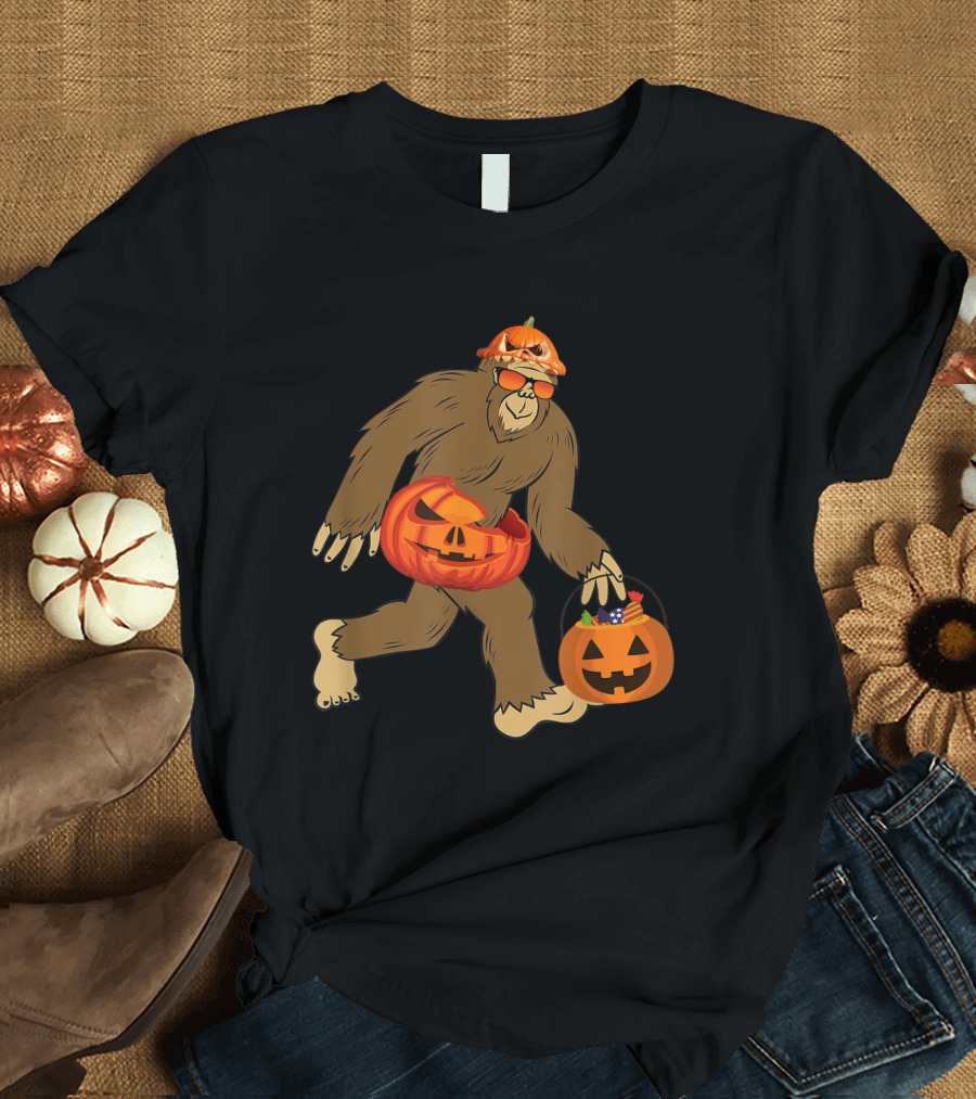 Sasquatch Bigfoot Halloween Pumpkin Bag with Candy and Sunglasses T-Shirt